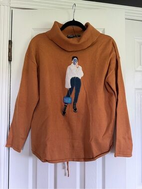 Gabby Isabella Rust Orange Turtleneck Sweater with Embroidered Fashion Girl